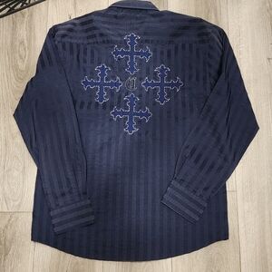 Navy Blue Long Sleeve Button Down Shirt with Embroidered Crosses